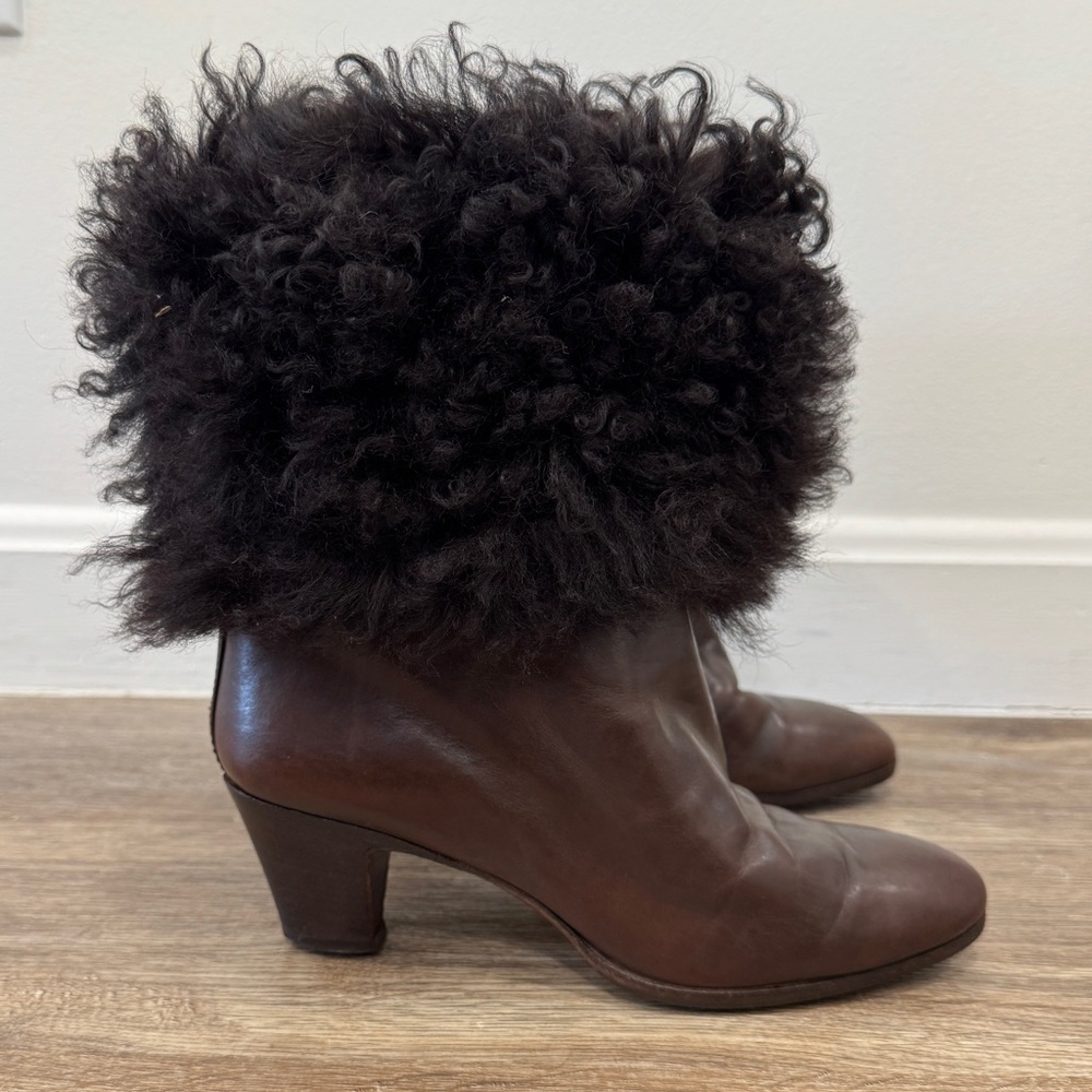 Vintage Lord & Taylor Brown Heeled Boots Mid Calf Suede Fold Over Curly Fur Trim